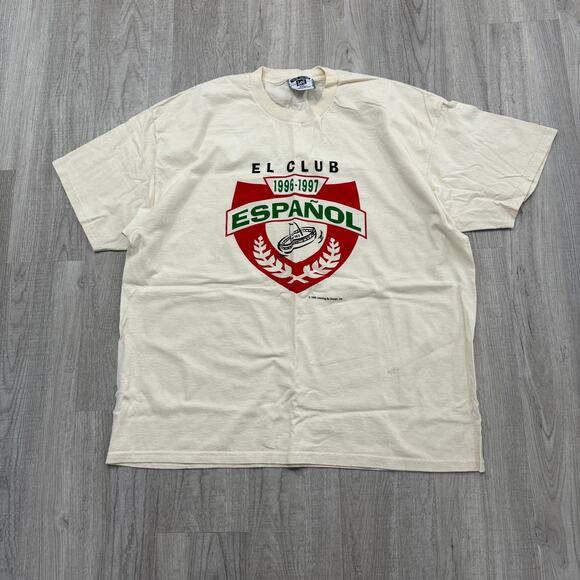 Vintage EL Club Espanol Shirt Men's 2XL XXL Cream 90s USA Made 1996 Graphic - Picture 1 of 7